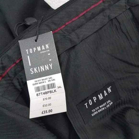 NEW Topman Nordstrom Men's 34L Skinny Fit Dress Pants Trousers Black NWT $75