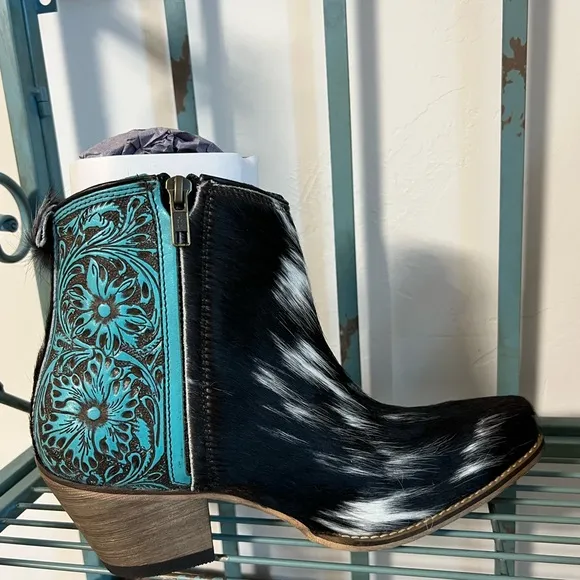 NEW Turquoise Tooled Leather Genuine Hide-on Women Bootie Boot Boho Western