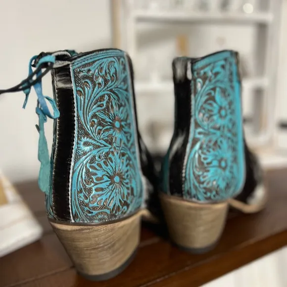 NEW Turquoise Tooled Leather Genuine Hide-on Women Bootie Boot Boho Western