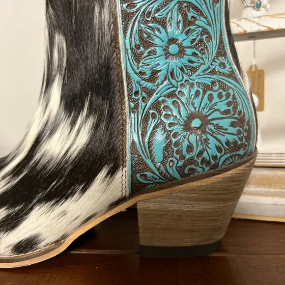 NEW Turquoise Tooled Leather Genuine Hide-on Women Bootie Boot Boho Western