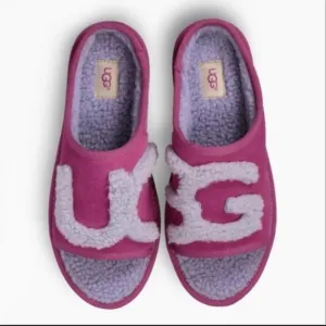 New Ugg Baton Rouge Fog Sheepskin Scuff Shearling  Logo Spellout Slipper Size 7