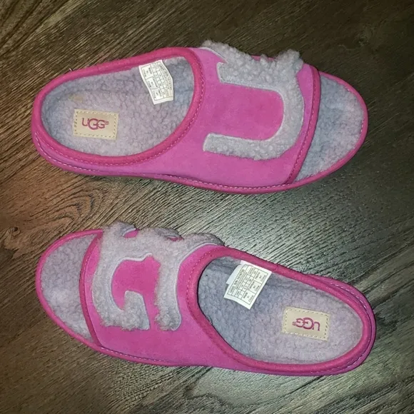 New Ugg Baton Rouge Fog Sheepskin Scuff Shearling  Logo Spellout Slipper Size 7