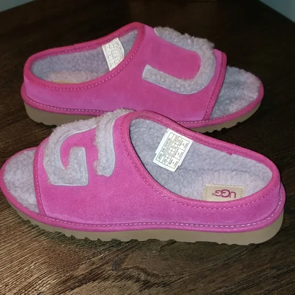 New Ugg Baton Rouge Fog Sheepskin Scuff Shearling  Logo Spellout Slipper Size 7