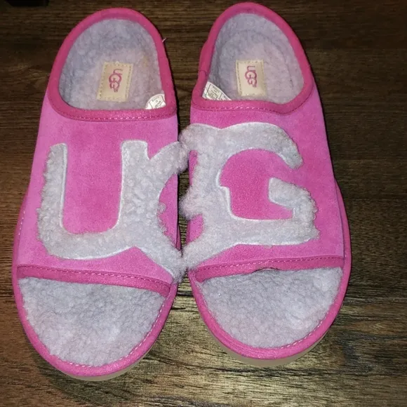 New Ugg Baton Rouge Fog Sheepskin Scuff Shearling  Logo Spellout Slipper Size 7
