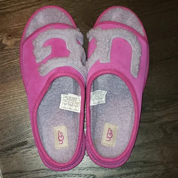 New Ugg Baton Rouge Fog Sheepskin Scuff Shearling  Logo Spellout Slipper Size 7