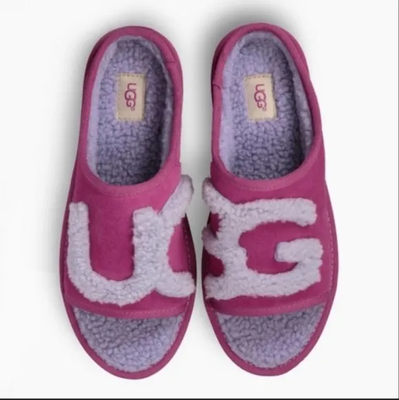 New Ugg Baton Rouge Fog Sheepskin Scuff Shearling  Logo Spellout Slipper Size 7