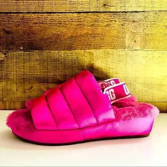 New Ugg Puff Yeah Slingback Fuchsia Satin Puffer Slippers