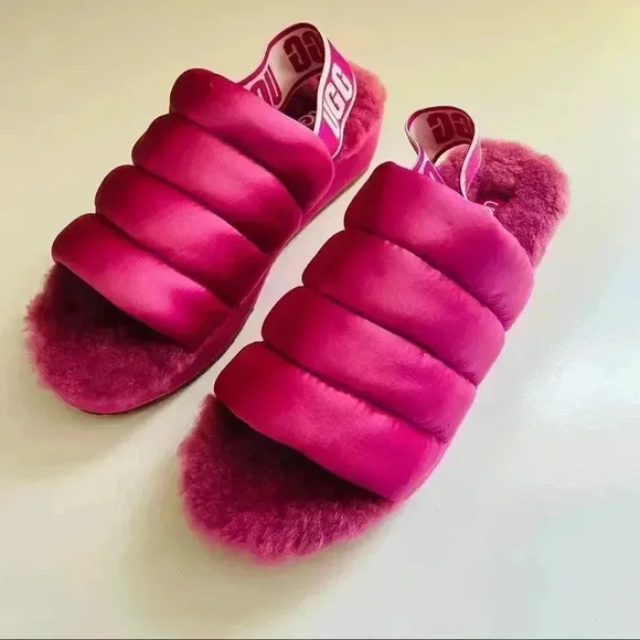 New Ugg Puff Yeah Slingback Fuchsia Satin Puffer Slippers