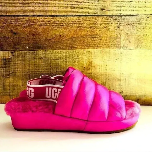 New Ugg Puff Yeah Slingback Fuchsia Satin Puffer Slippers