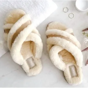 NEW Ugg Scuffita Slippers Women 6 Sheepskin Cross-Straps Slide Femme