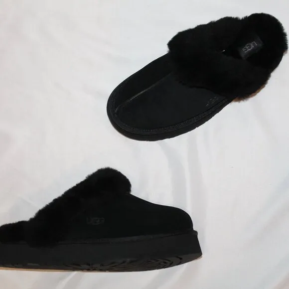 NEW UGG WOMEN'S DISQUETTE SUEDE‎ SHEARLING CUFF LINED SLIPPERS BLACK SZ 9