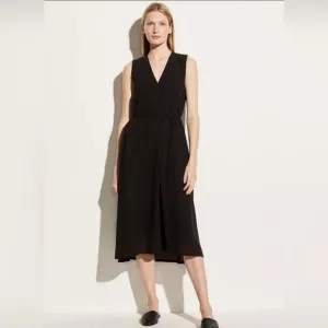 NEW VINCE Black Casual  V-Neck Fit and Flare Midi Dress Size X-Small Minimalist