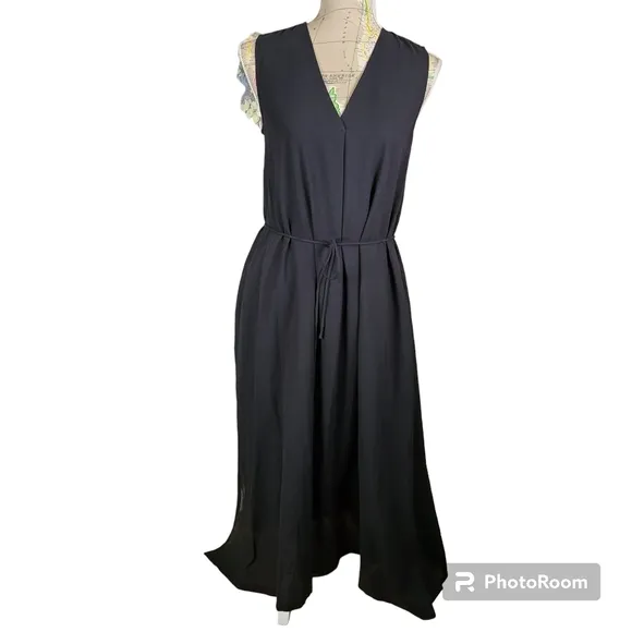 NEW VINCE Black Casual  V-Neck Fit and Flare Midi Dress Size X-Small Minimalist