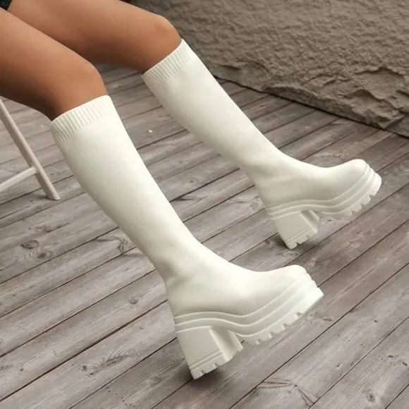 New Women's Casual Knitted High Heel, Thick Bottom, Over-The-Knee, Stretchy