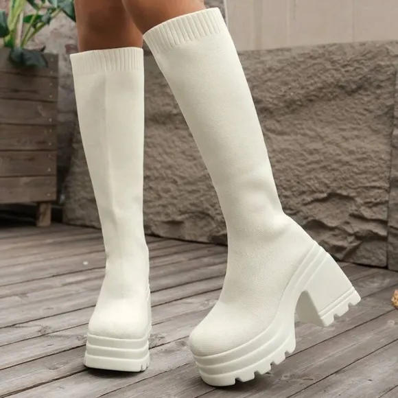New Women's Casual Knitted High Heel, Thick Bottom, Over-The-Knee, Stretchy