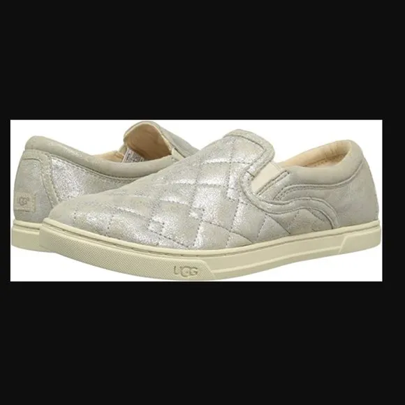 NEW  Womens Ugg Fierce Deco Quilt Silver Leather Casual Slip On Shoes - size 9.5