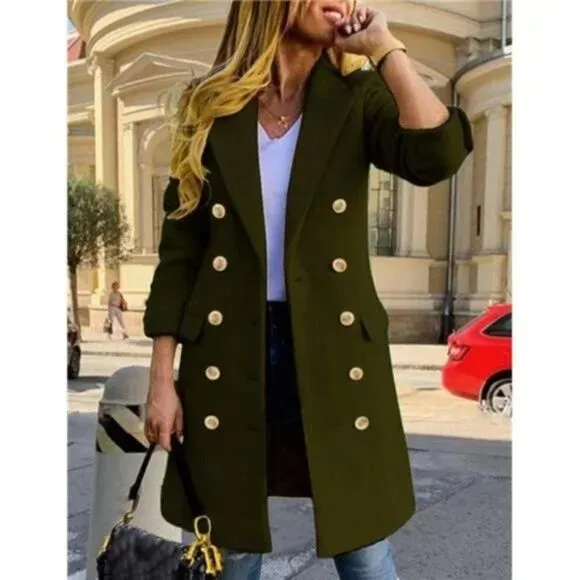 New Womens Winter Wool Coats Double Breasted Green Warm Long Coat