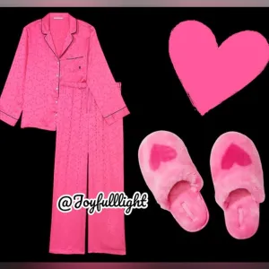 NEW XL (TALL) VICTORIA'S SECRET Hearts Hollywood Pink Satin Pajama and slipper