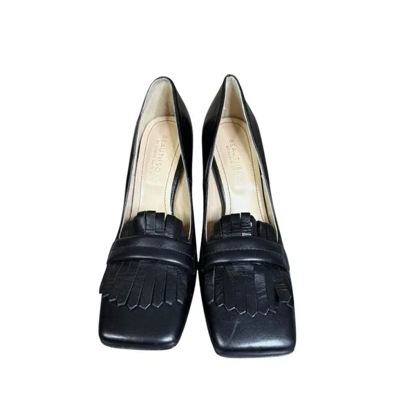 NEW Beautiisoles Made in Italy Women's Loretta Black Leather Fringe Pumps 8