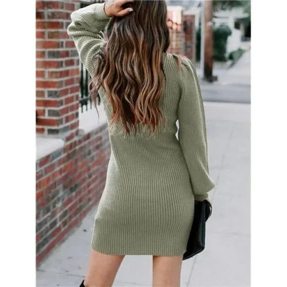 New Elasticity Slim Sweater Bodycon Mini Sweater Dress, Beauty Green