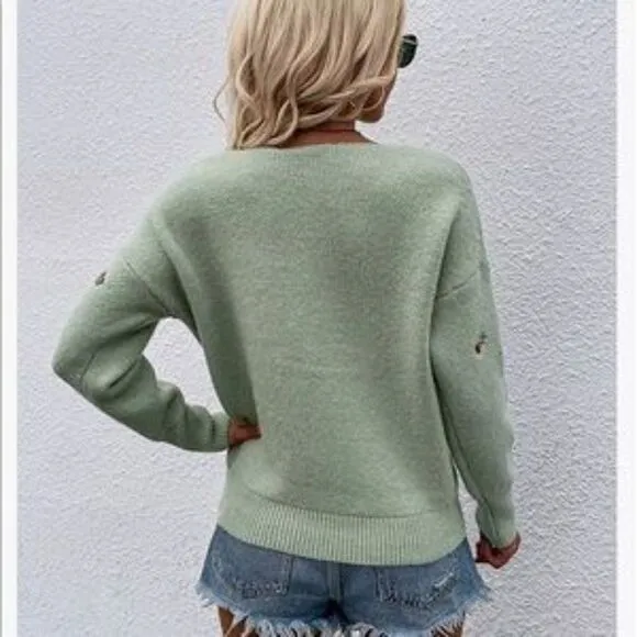 NEW Green V Neck Embroidered Ribbed Knit Pullover Sweater