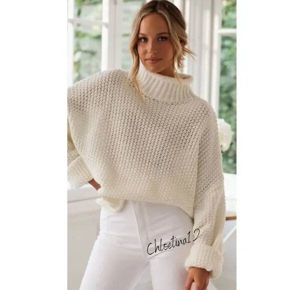 New High Neck Long Sleeve Chunky Knit Pullover Turtleneck Sweater