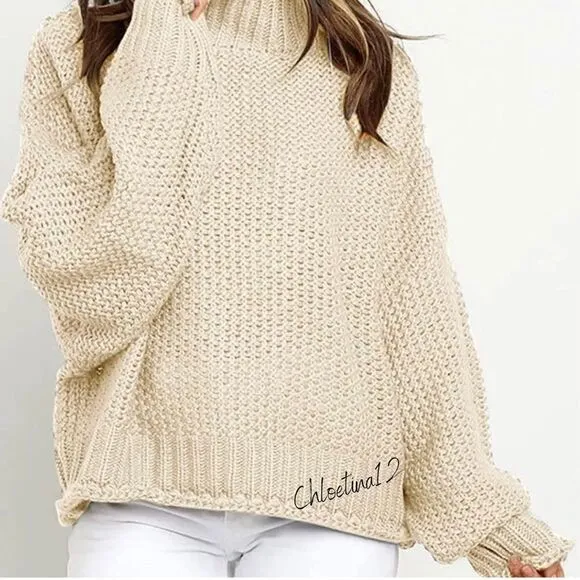 New High Neck Long Sleeve Chunky Knit Pullover Turtleneck Sweater