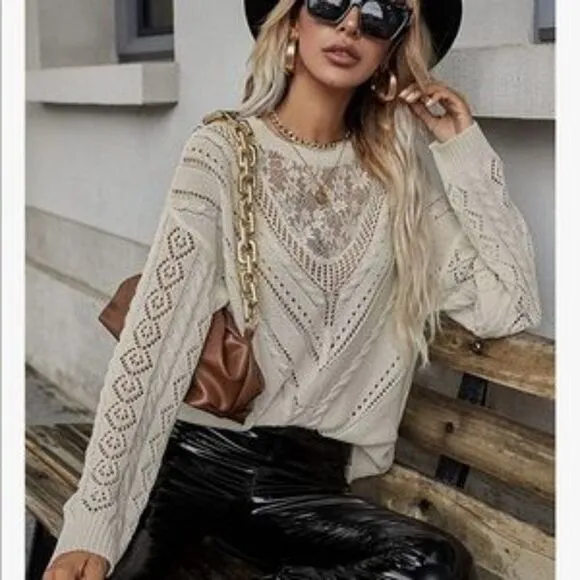 NEW Lace Splice Pullover Sweater Top