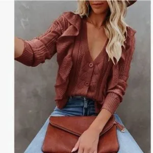 NEW Long Sleeve Ruffle Button Down Sweater Cardigan