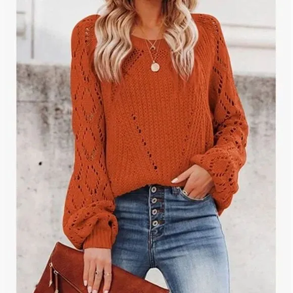New Pink Crochet Hollow Out Crewneck Knit Sweater Pullover