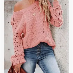 New Pink Crochet Hollow Out Crewneck Knit Sweater Pullover