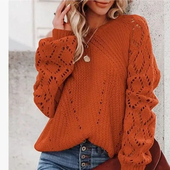 New Pink Crochet Hollow Out Crewneck Knit Sweater Pullover