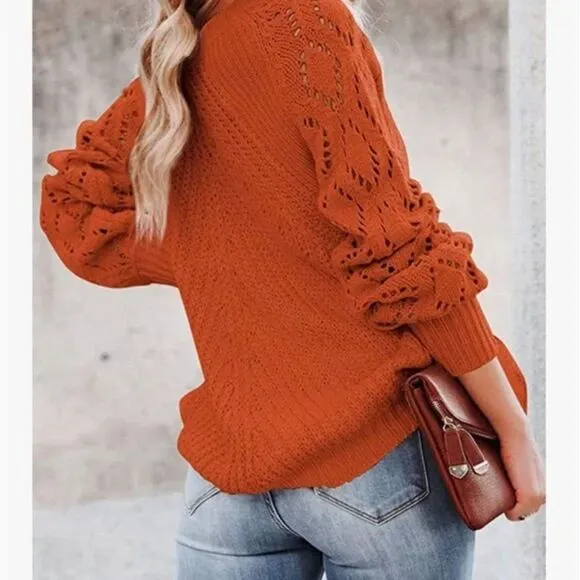 New Pink Crochet Hollow Out Crewneck Knit Sweater Pullover