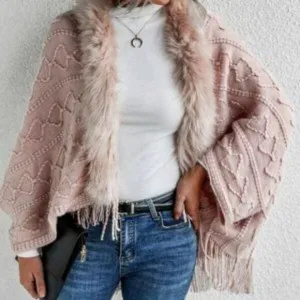 New Pink vegan fur fringe detail open front cardigan