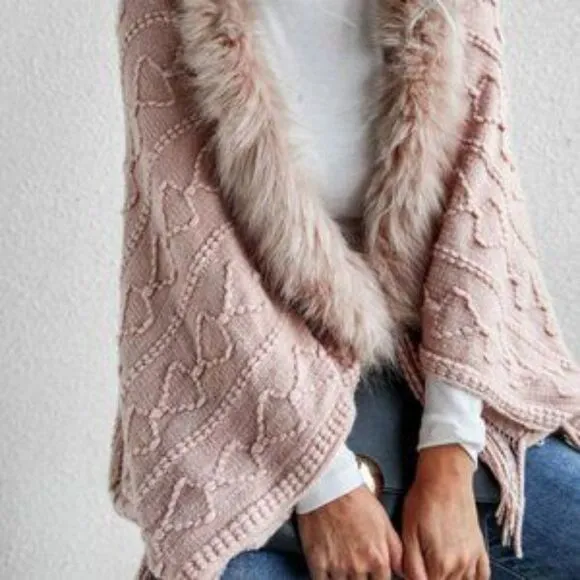 New Pink vegan fur fringe detail open front cardigan