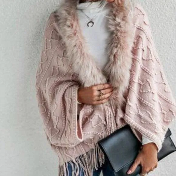 New Pink vegan fur fringe detail open front cardigan