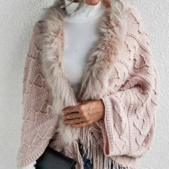 New Pink vegan fur fringe detail open front cardigan