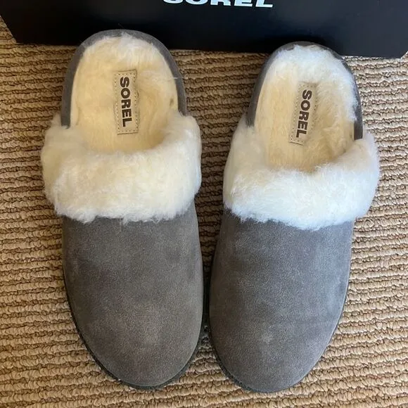 NEW SOREL faux fur slippers grey 5
