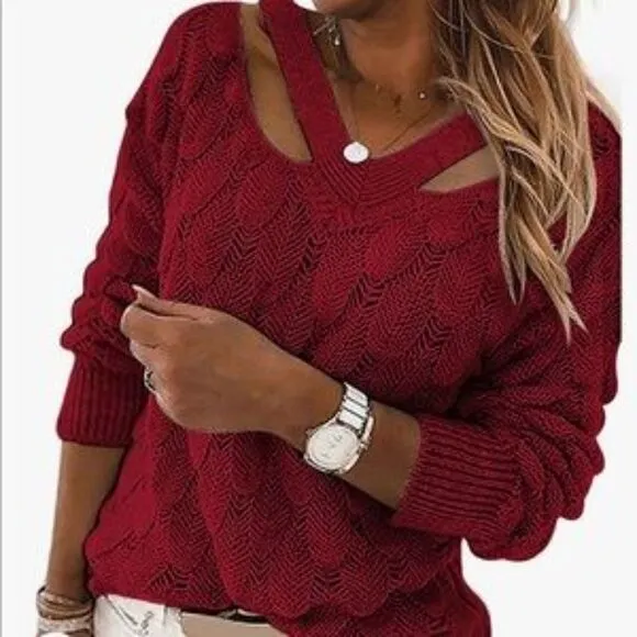 New Unique V Neck Hollow Out Knit Sweater