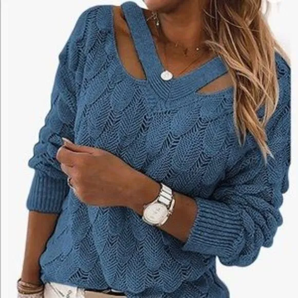 New Unique V Neck Hollow Out Knit Sweater
