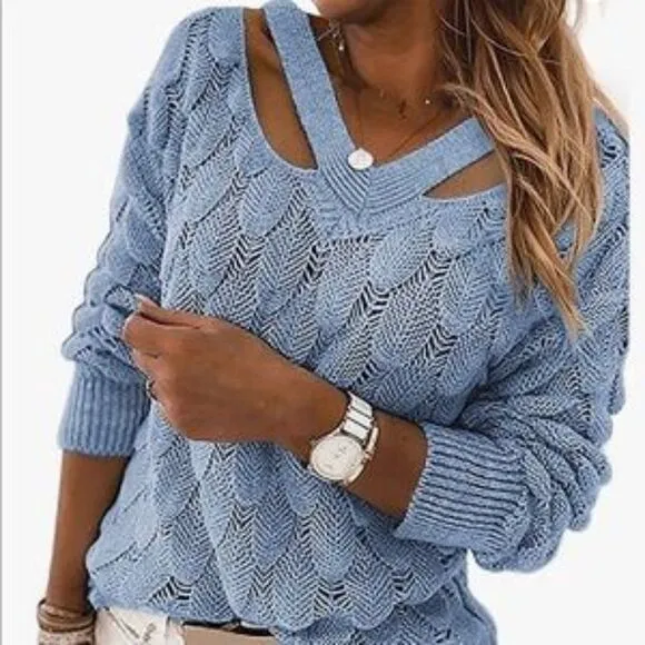 New Unique V Neck Hollow Out Knit Sweater