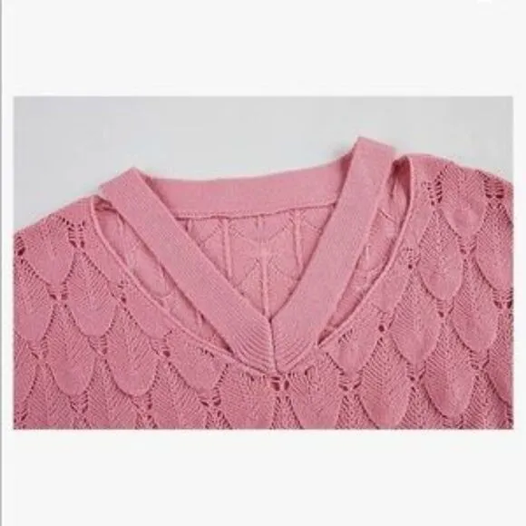 New Unique V Neck Hollow Out Knit Sweater