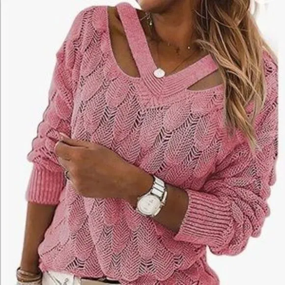 New Unique V Neck Hollow Out Knit Sweater