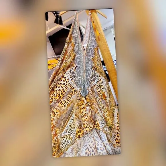 NEW Vaid Leopard Luxury Crystal Halter Maxi Dress