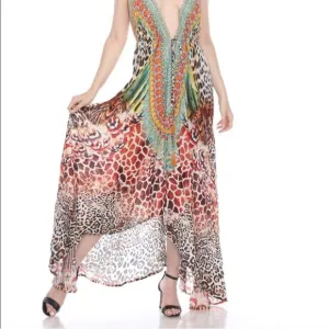 NEW Vaid Leopard Luxury Crystal Halter Maxi Dress