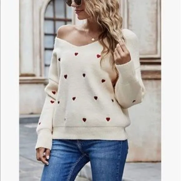 New Valentine Heart V Neck Sweater