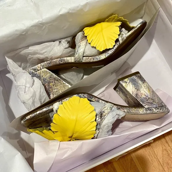 NIB CECELIA NY FLEUR HEELED SANDAL FLORAL SNAKE BLOCK SLIPON SHOES SPRING SIZE 7