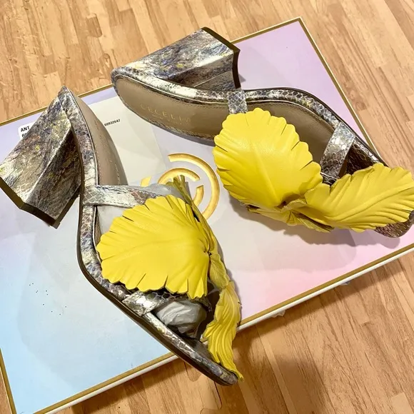 NIB CECELIA NY FLEUR HEELED SANDAL FLORAL SNAKE BLOCK SLIPON SHOES SPRING SIZE 7