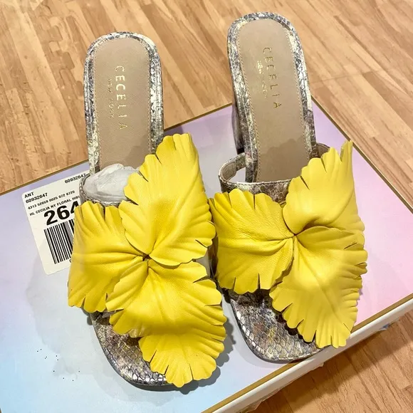 NIB CECELIA NY FLEUR HEELED SANDAL FLORAL SNAKE BLOCK SLIPON SHOES SPRING SIZE 7