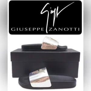 NIB [Giuseppe Zanotti] Metallic Black/Silver Slide Sandals Men's EU 39, US 6